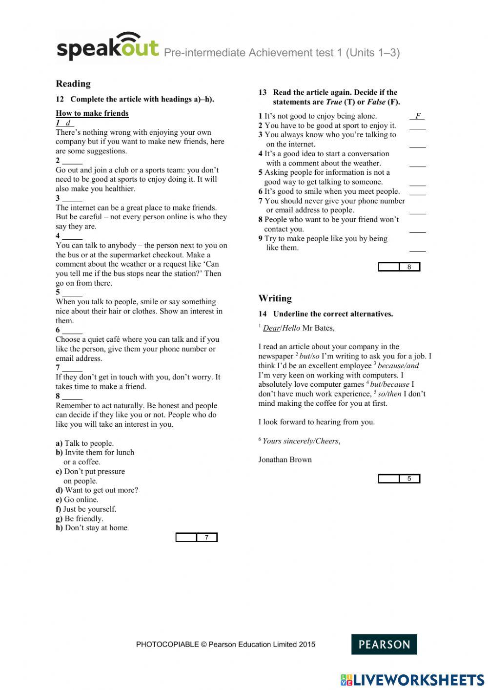 Achievement test 1 (Units 1–3) - Speak out -Pre- Intermediate