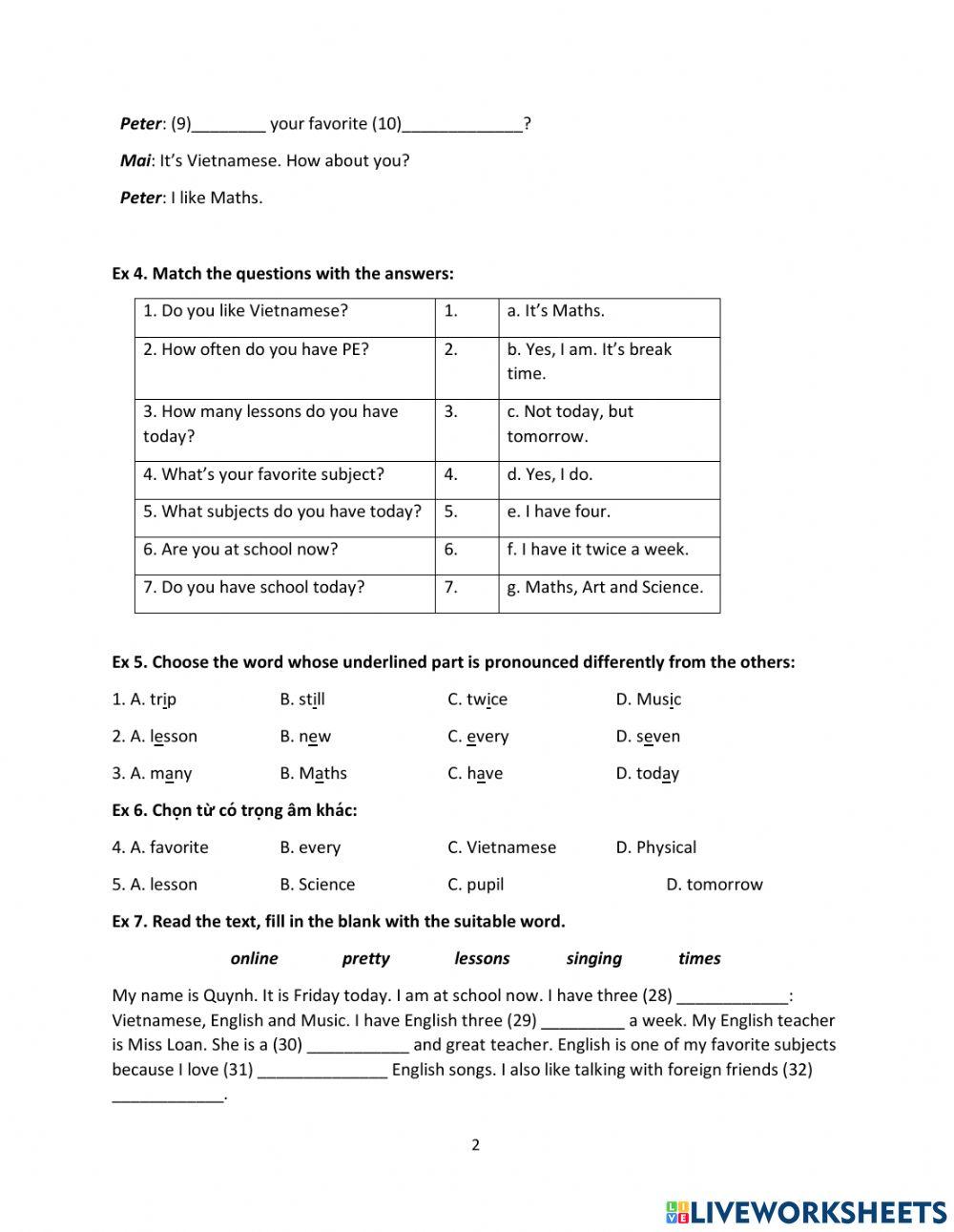 Grade 5-Unit 6-How many lessons do you have today?