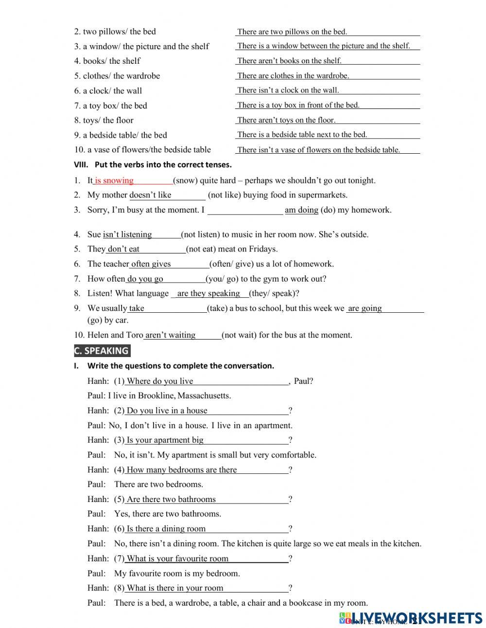 MLH6 - Unit 2 - My house - Đáp án