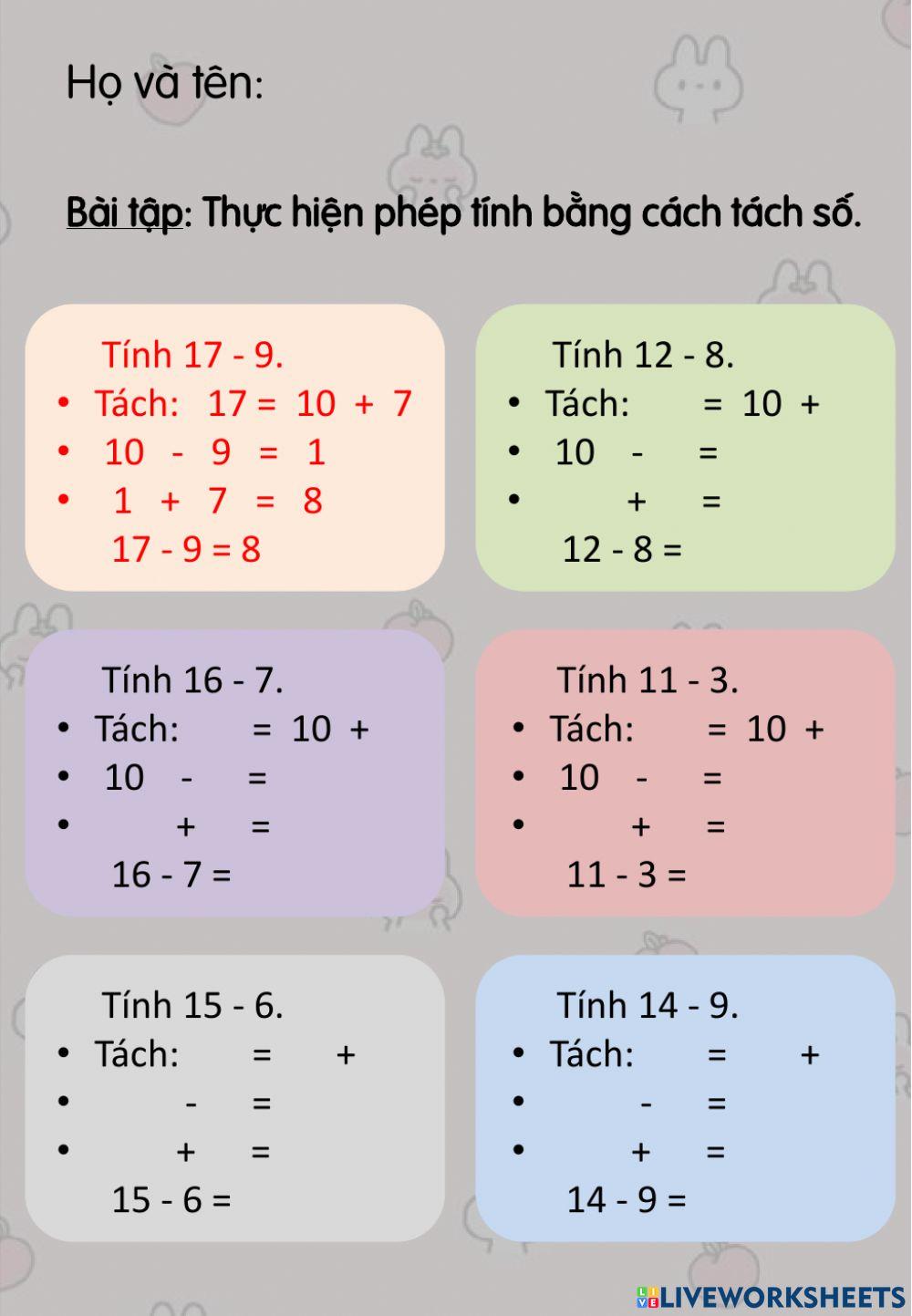 Bài tập tách số - Phép trừ (qua 10)