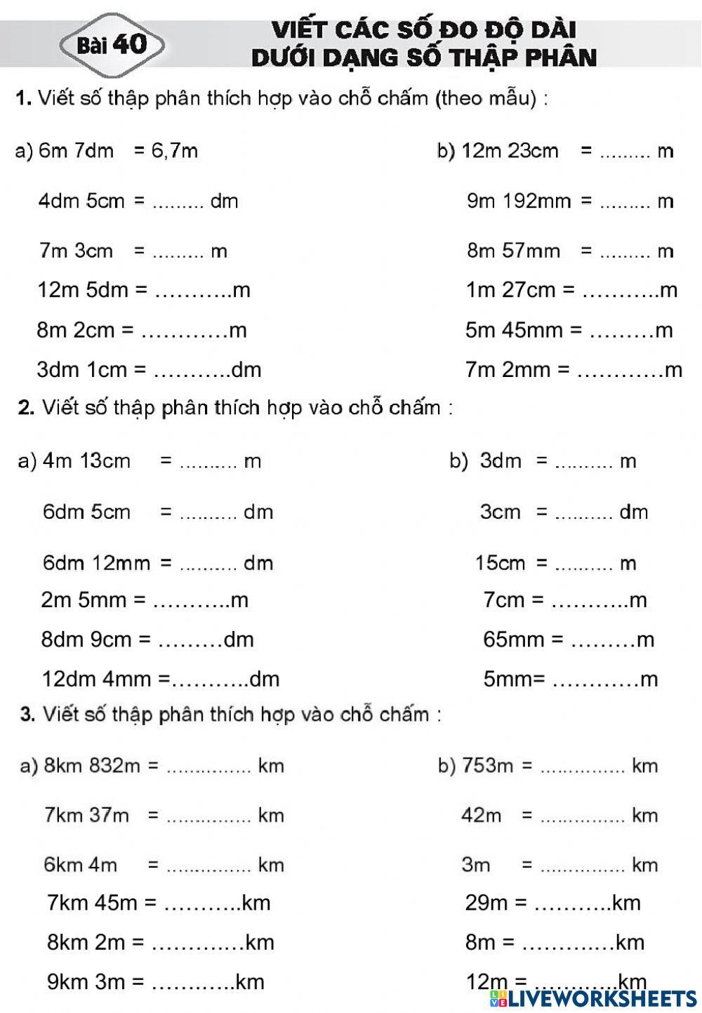 Viết số đo độ dài dưới dạng số thập phân