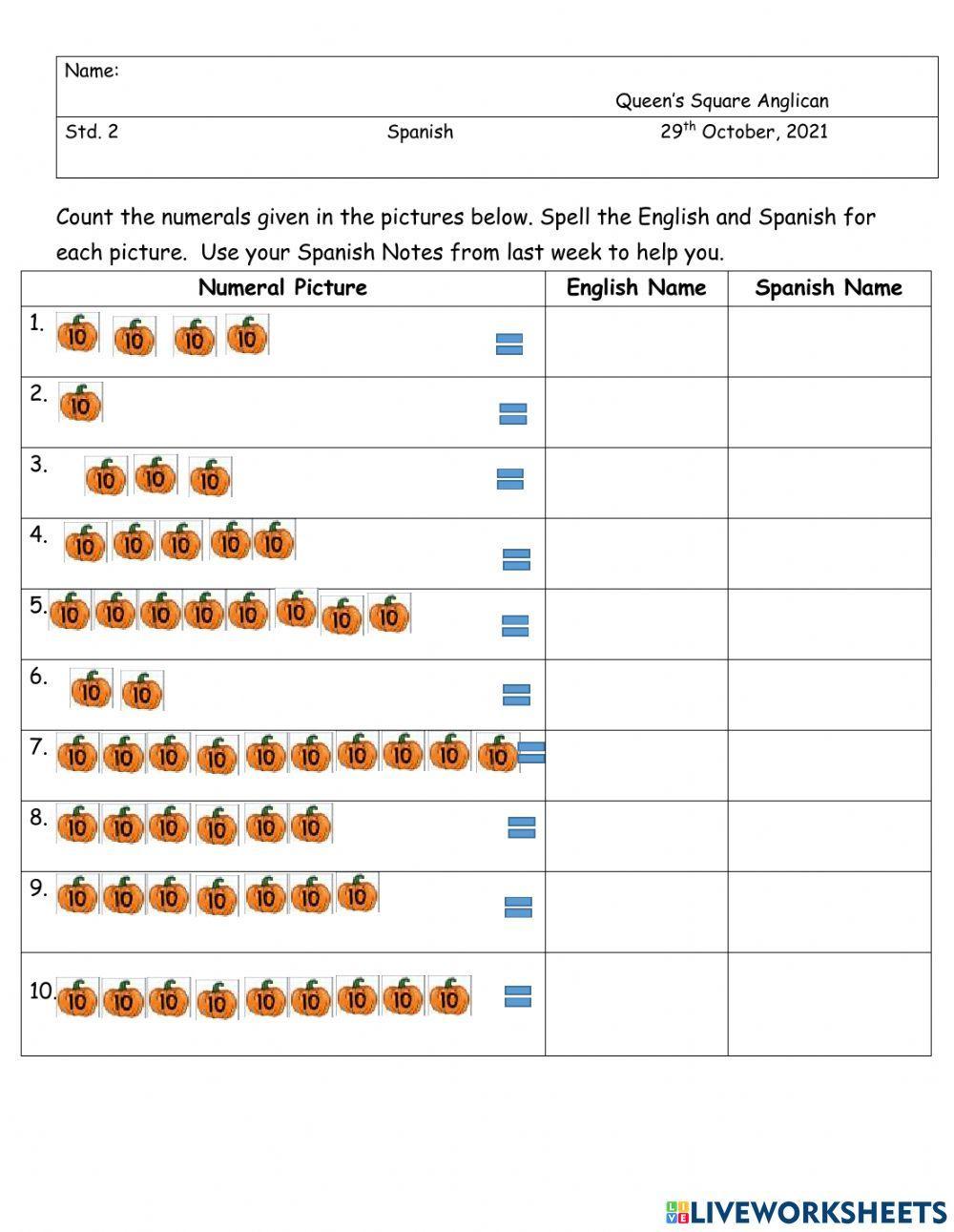 Numerals 10-100 in Spanish and English