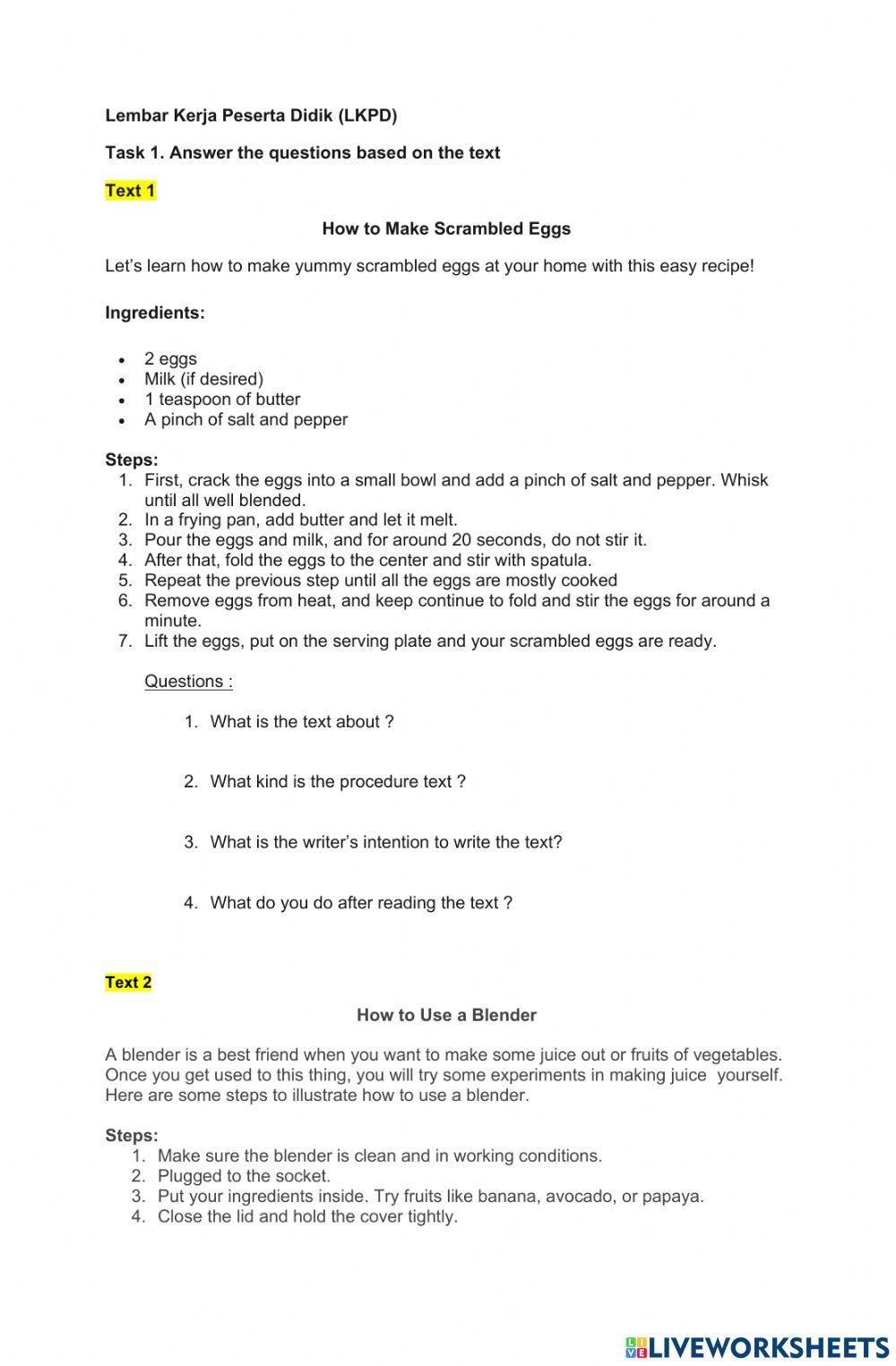Procedure Text exercise for Pre-elementary | Live Worksheets