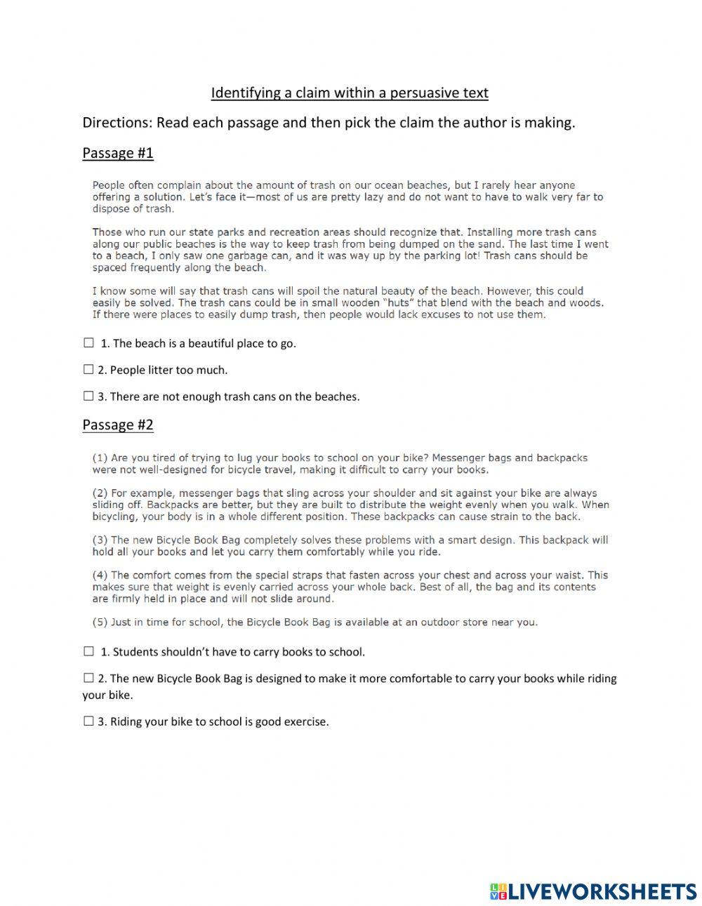 Identifying a claim within a persuasive text