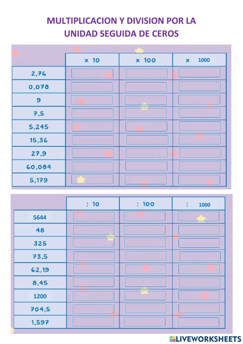 Multiplicación y división 10, 100 Y 1000