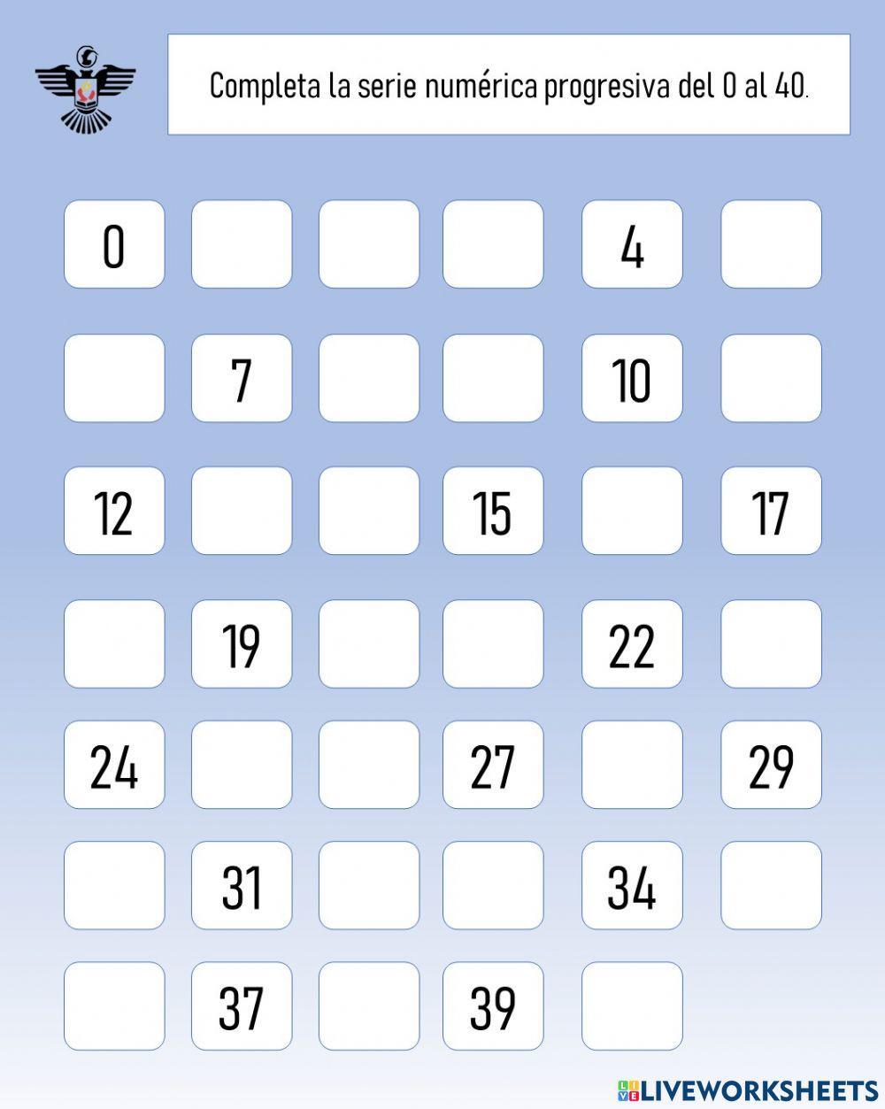 Completa la serie numérica progresiva del 0 al40.