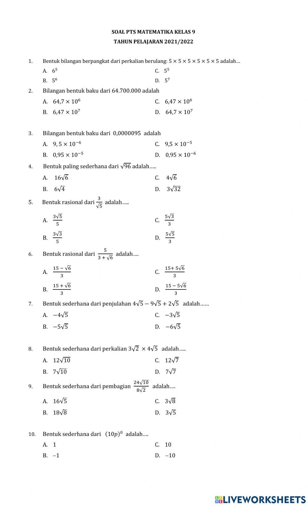 Pts matematika kls 9 ganjil