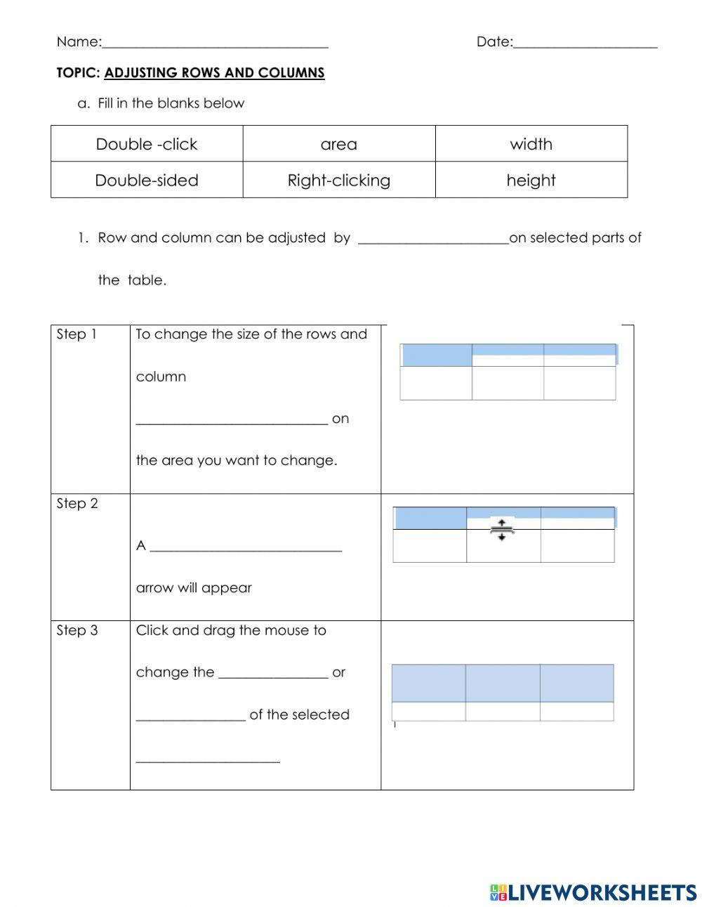 Adjusting rows and columns worksheet live worksheets