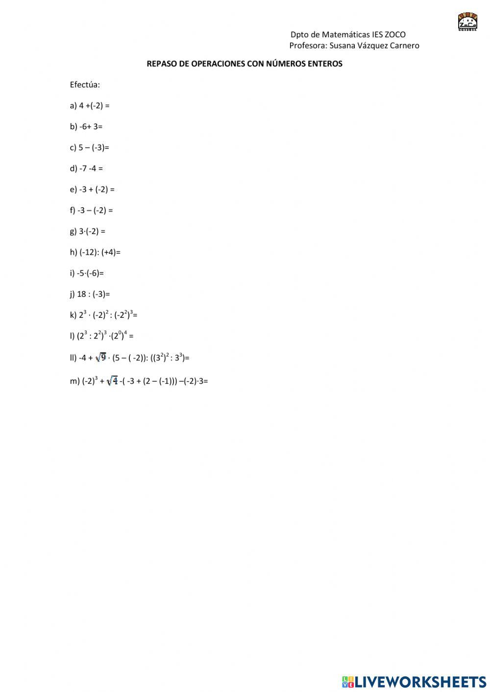 Operaciones con números enteros