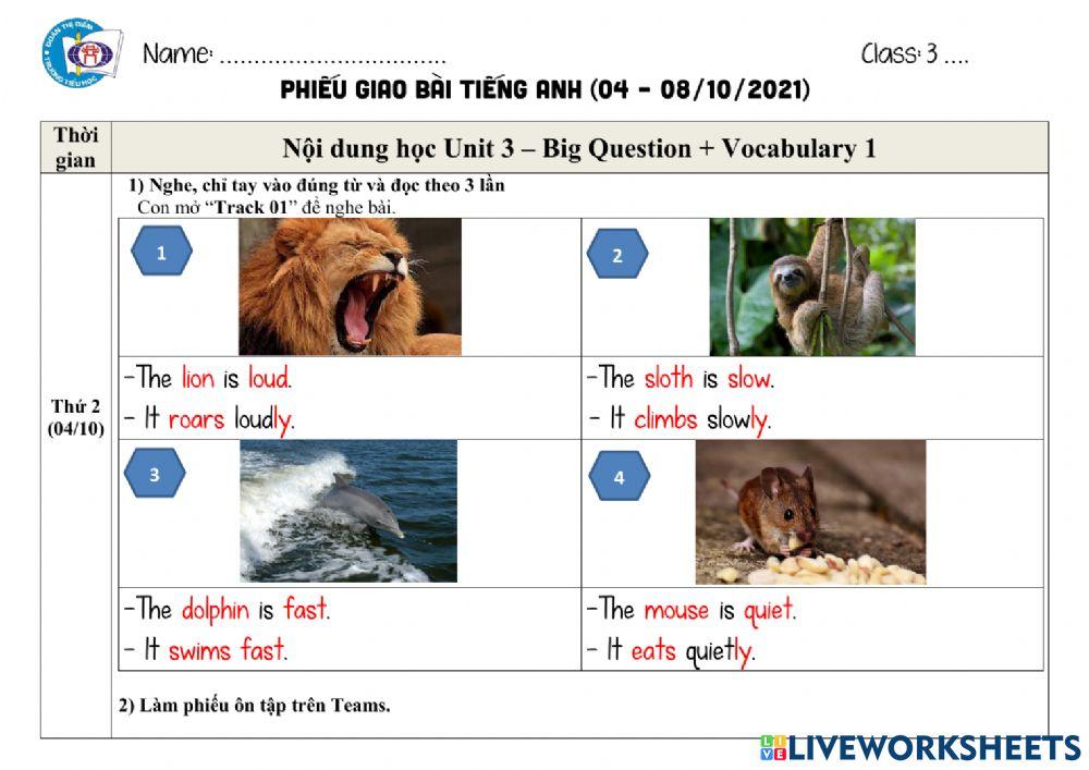 Phiếu giao bài Tiếng Anh tuần từ 04 đến 08.10
