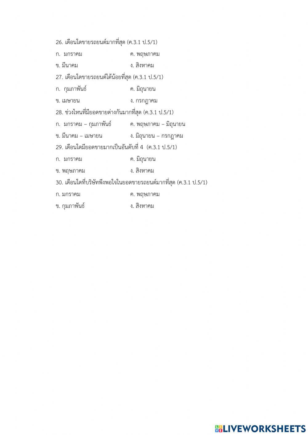 ข้อสอบวิชาคณิตศาสตร์ ปลายภาคเรียที่ 1 2564 ป5