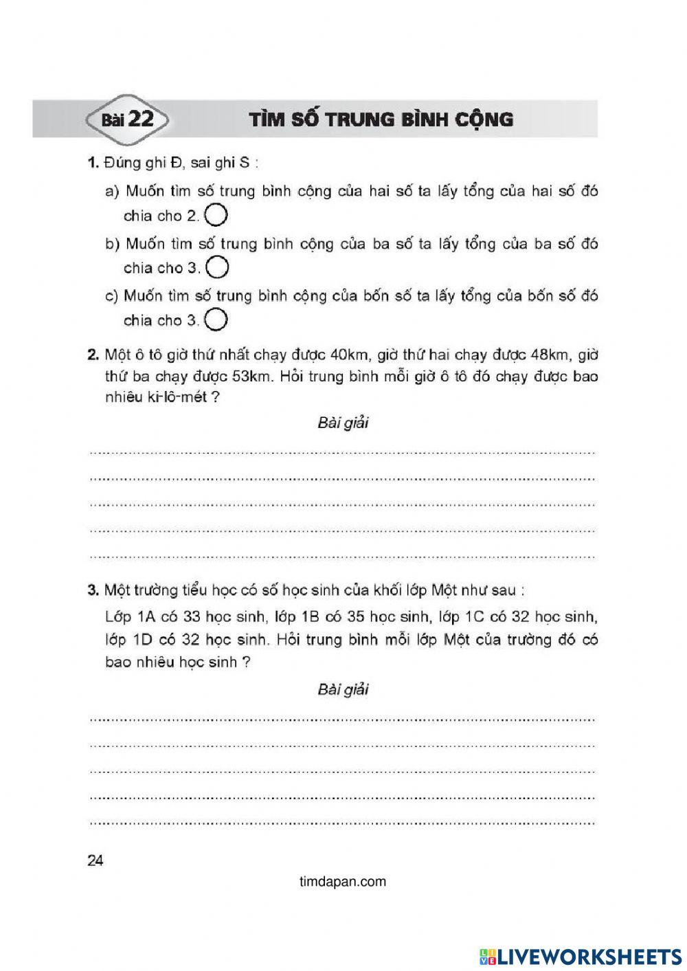 VBT Toán in - Bài 22 - Tìm số trung bình cộng