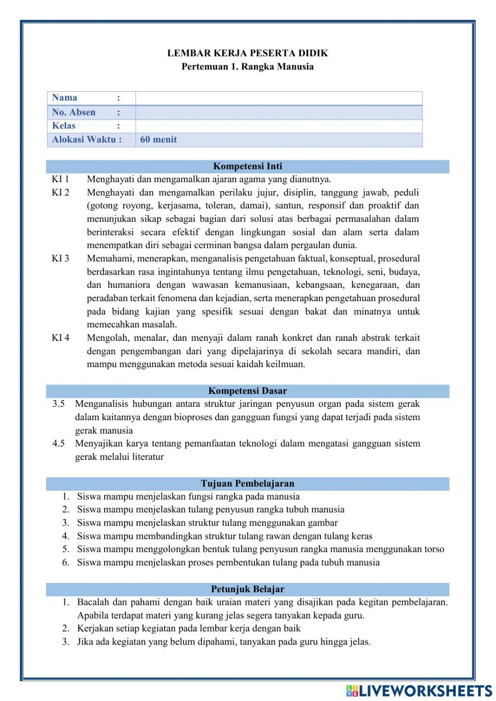 Lembar Kerja Peserta Didik KD 3.5 Sistem Gerak