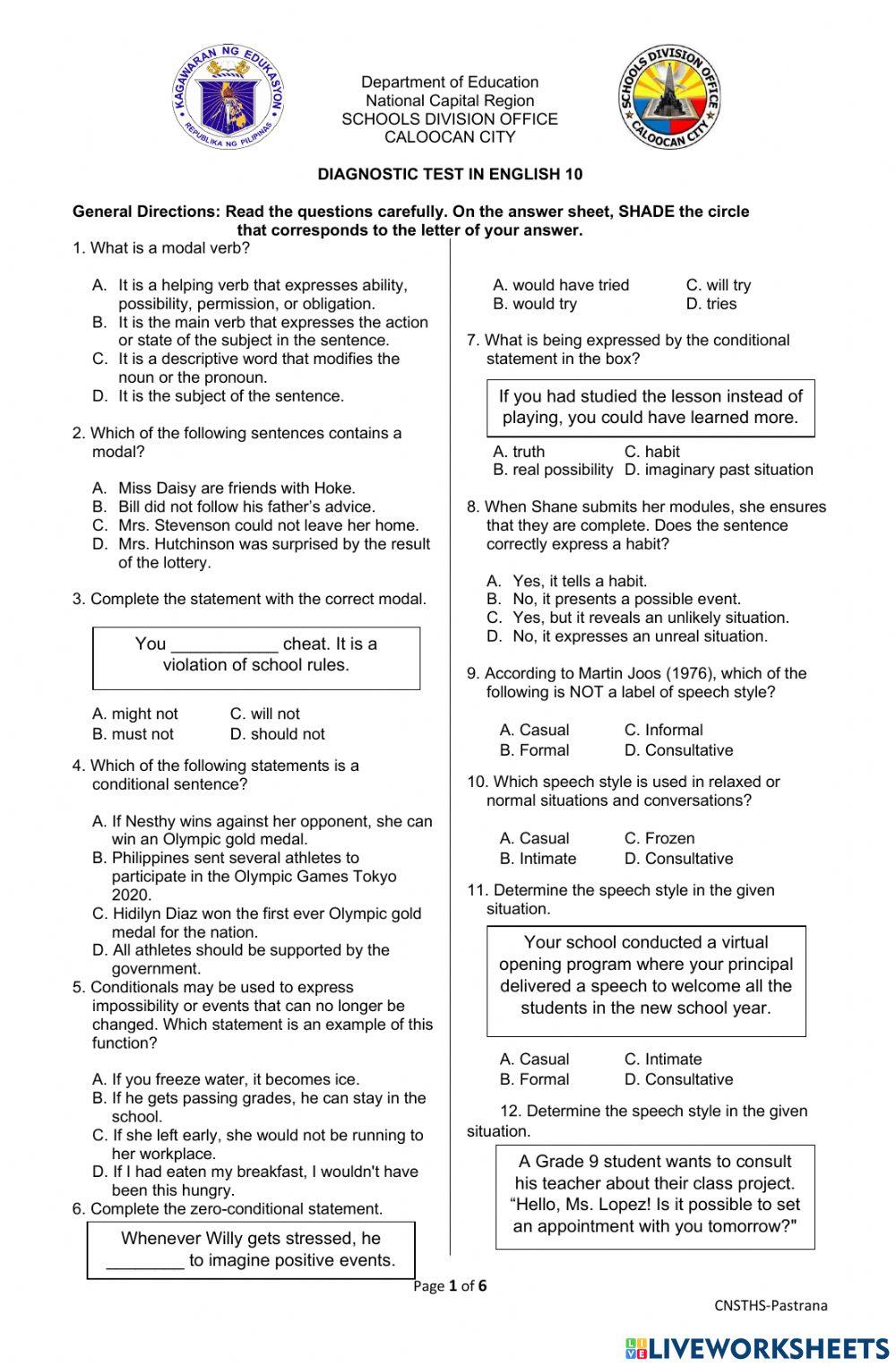 Diagnostic Test in English 10