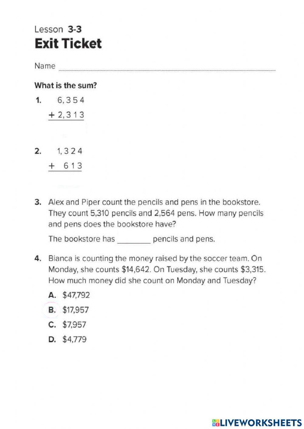 Addition algorithm worksheet | Live Worksheets
