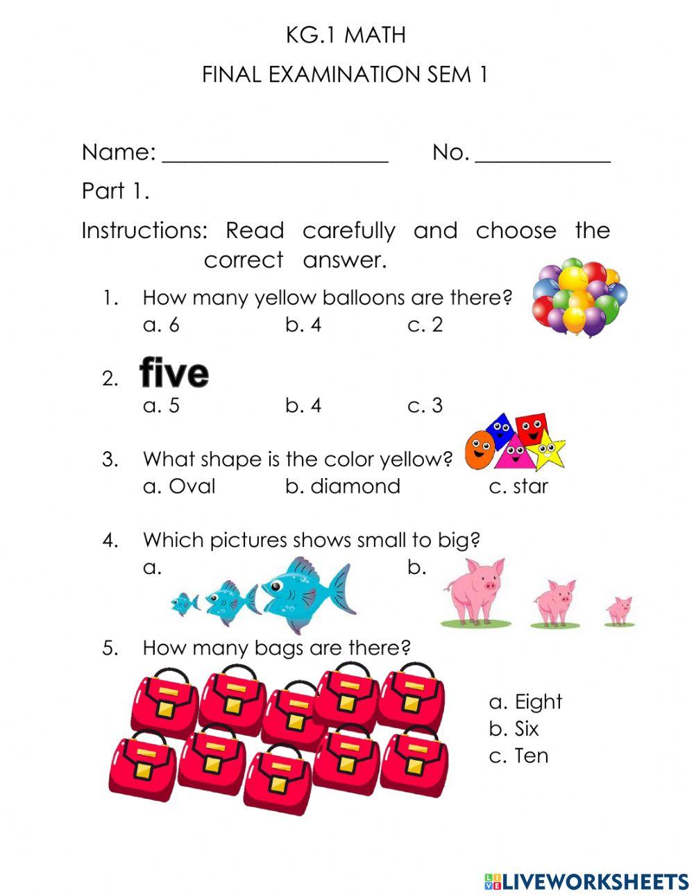 KG1 Math final exam