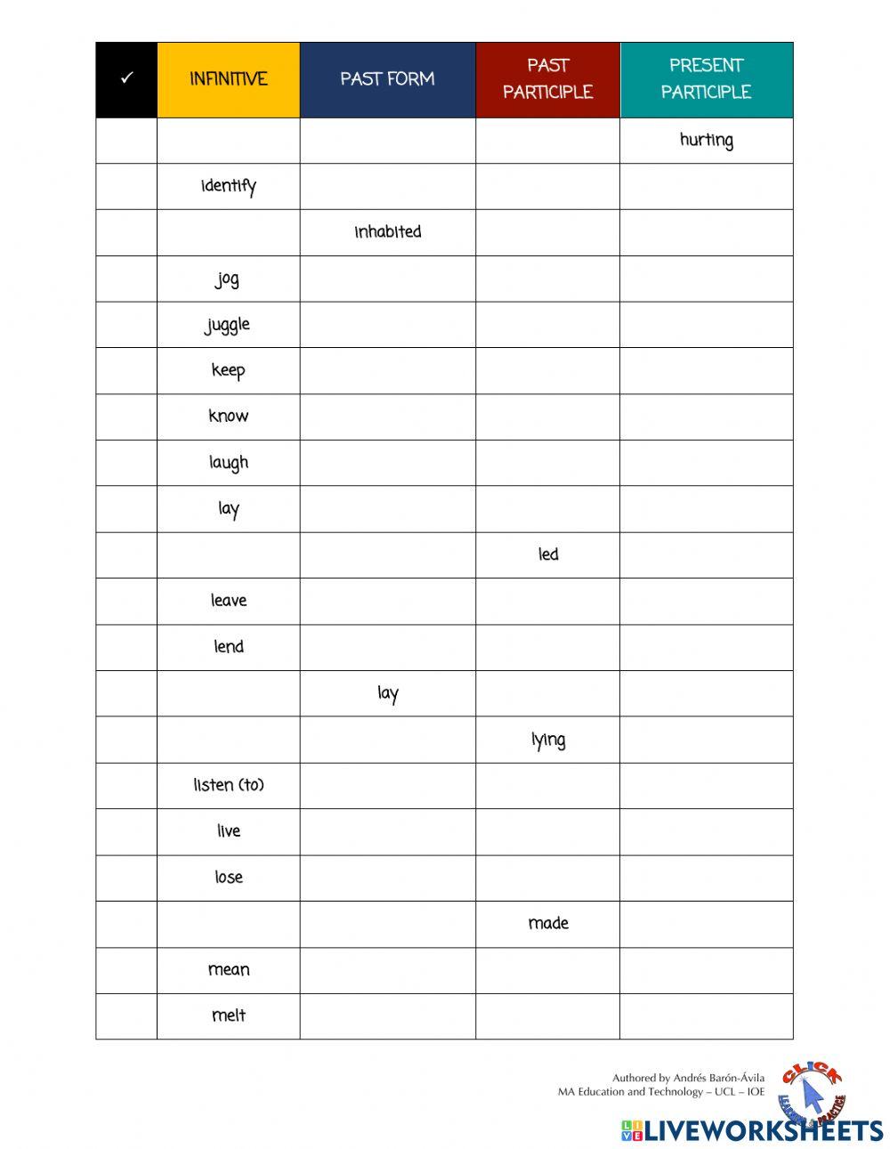 Grammar Ex. - List of Verbs