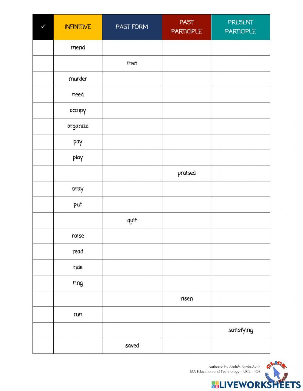 Grammar Ex. - List of Verbs