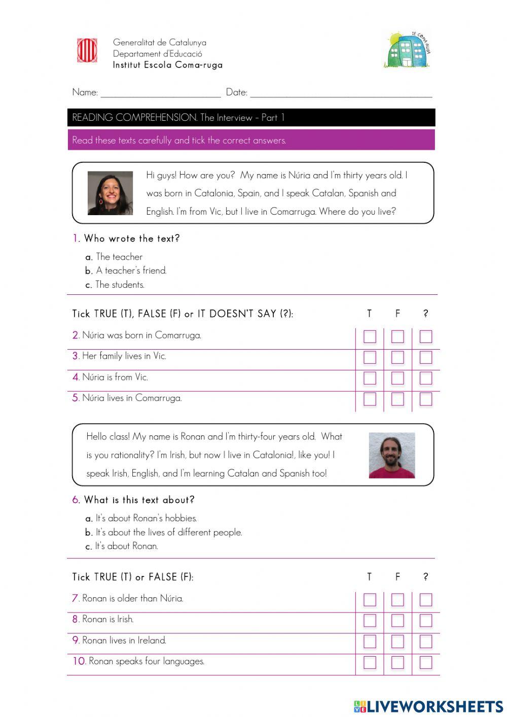 Reading comprehension. The interview - Part 1 4216870