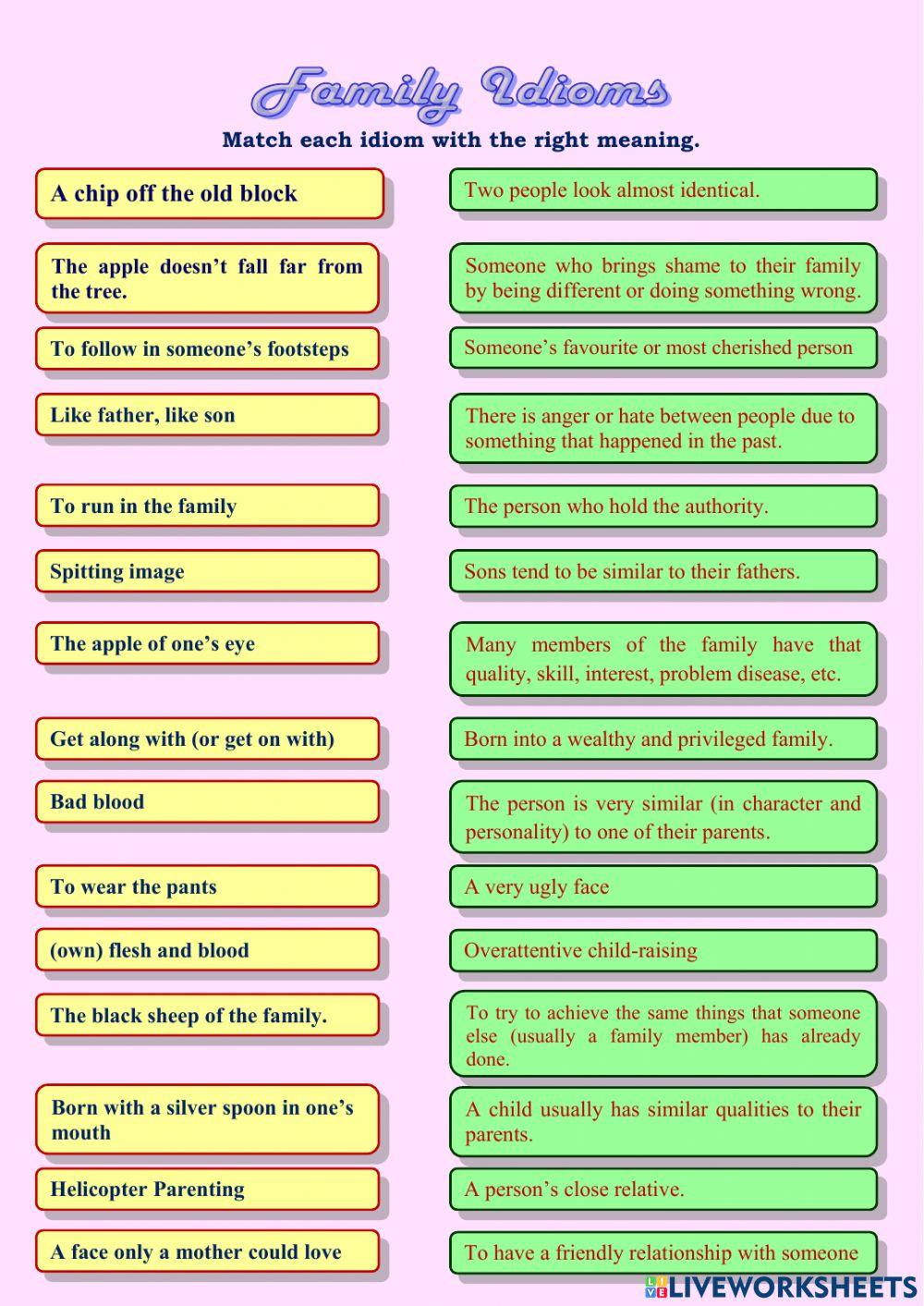 Family Idioms - Matching Exercise