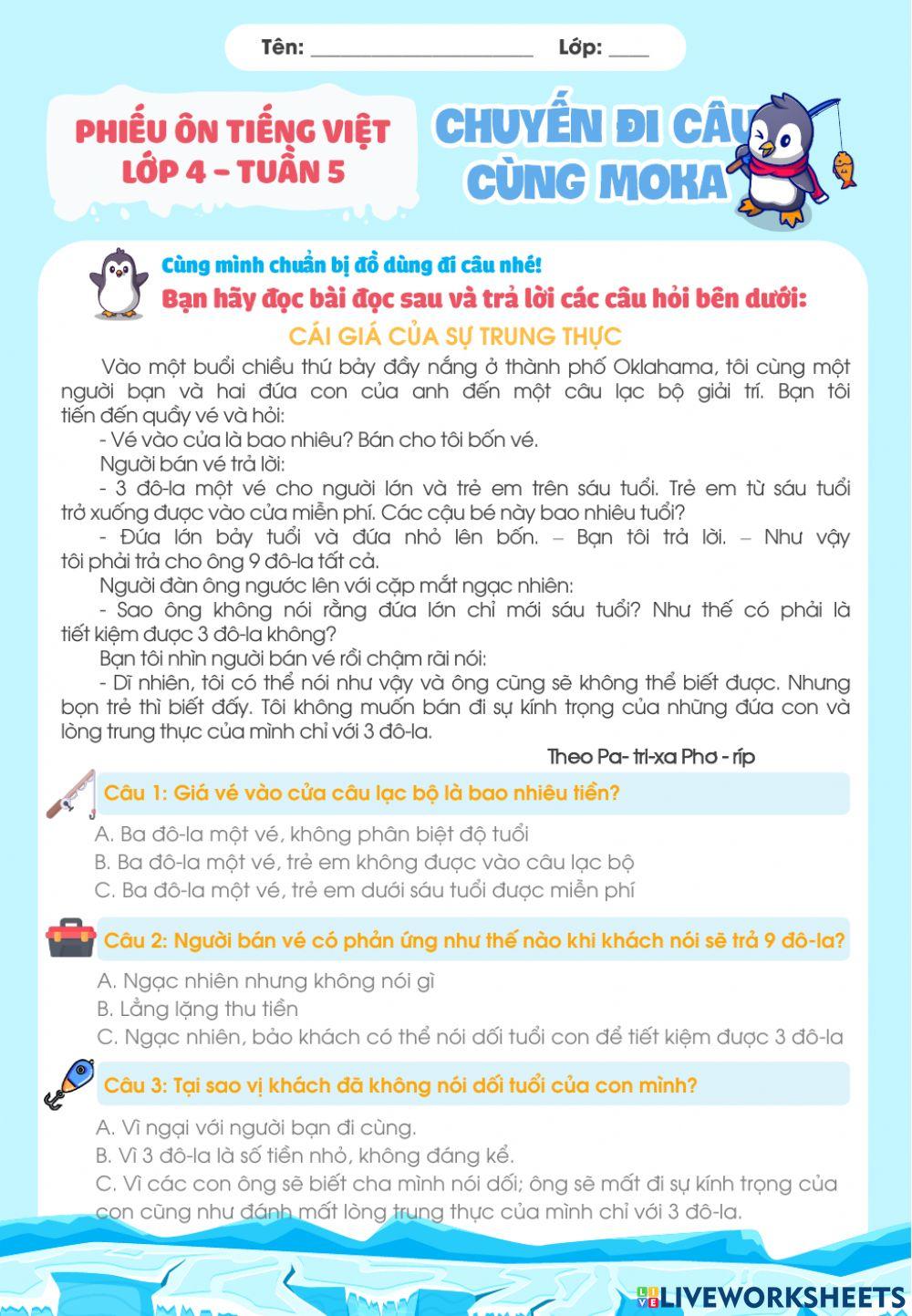 Phiếu bài tập cuối tuần môn Tiếng Việt - Tuần 5