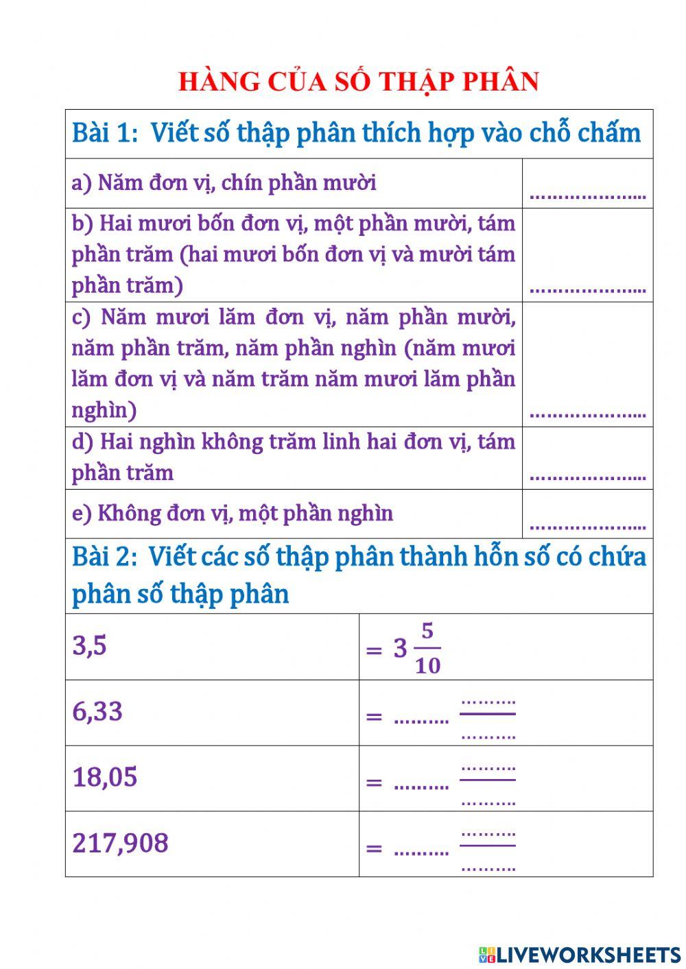 Toán 5 - Hàng của số thập phân