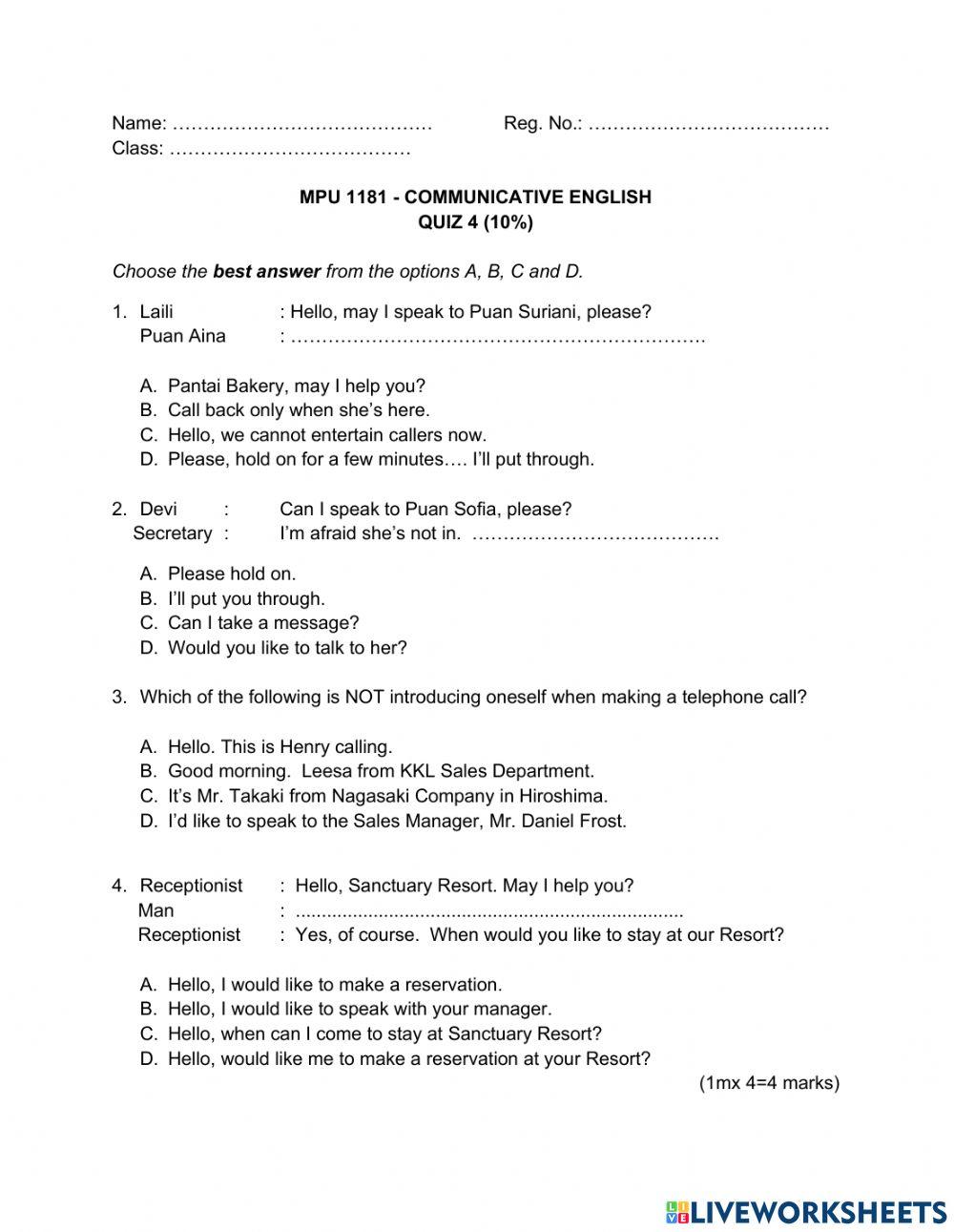 Quiz 4 communicative english