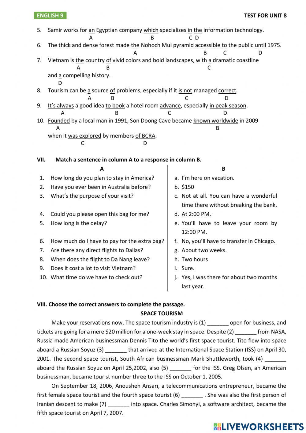 G9 - TEST FOR UNIT 8 online exercise for | Live Worksheets