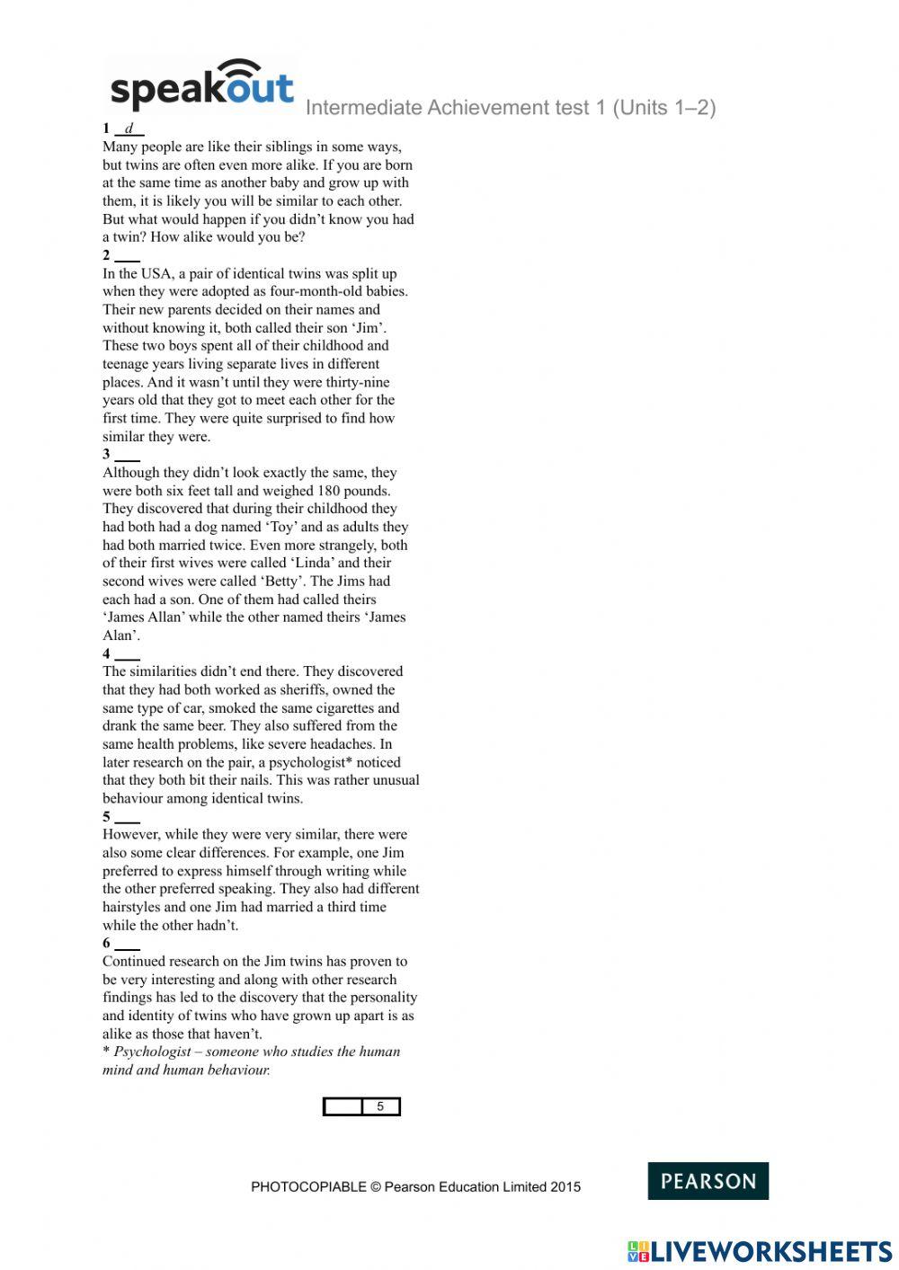 Achievement test 1 (Units 1–2) - Speak out -Intermediate