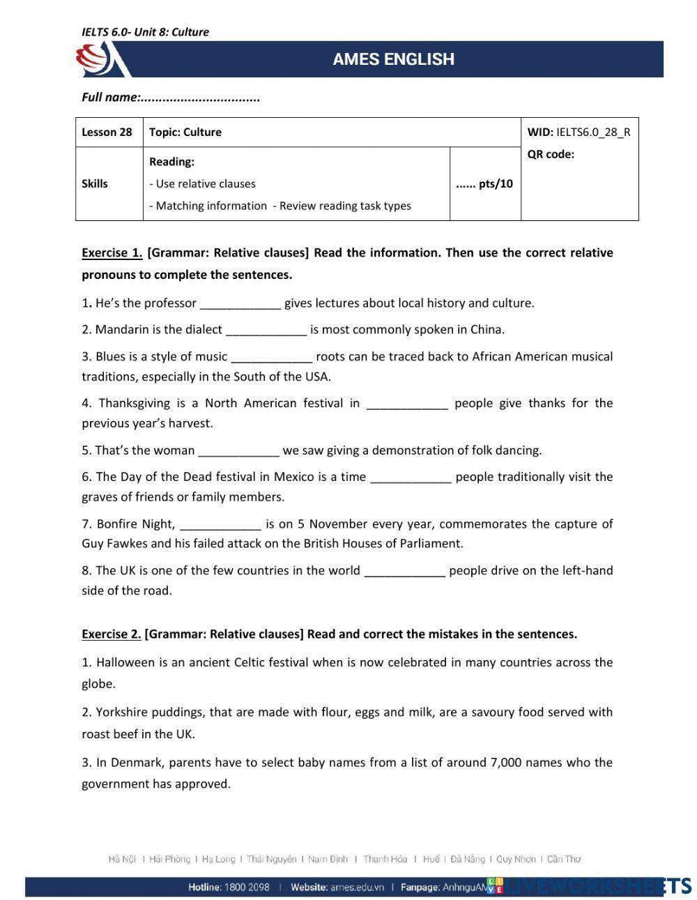 Worksheet Reading MS3-U8