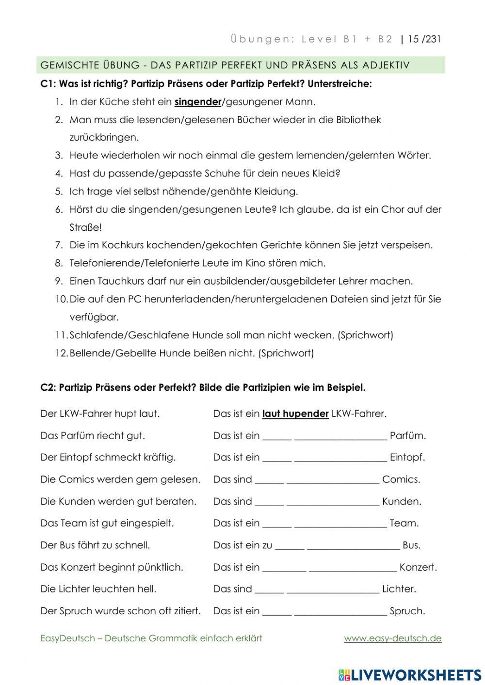 Partizipien Als Adjektive übungen Pdf Partizipien als Adjektive online exercise for | Live Worksheets