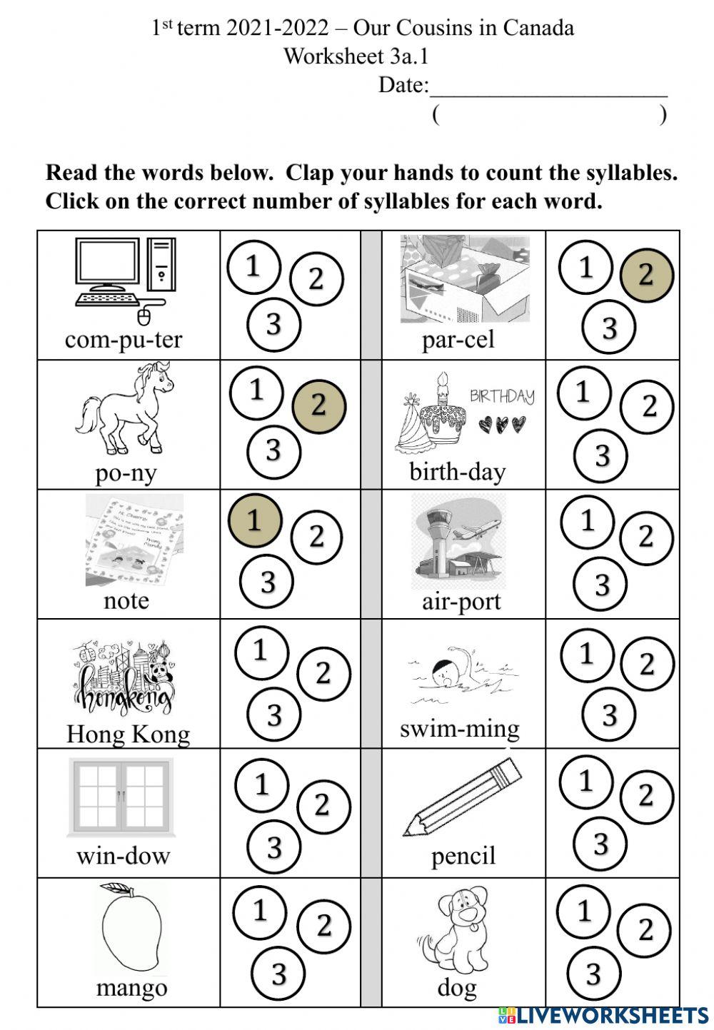 3a.1 Syllables worksheet Live Worksheets