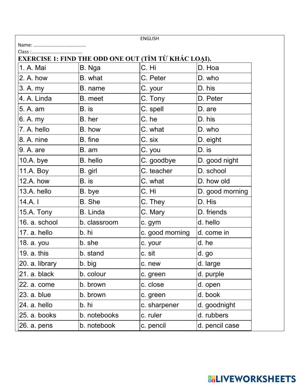 Tìm từ khác loại