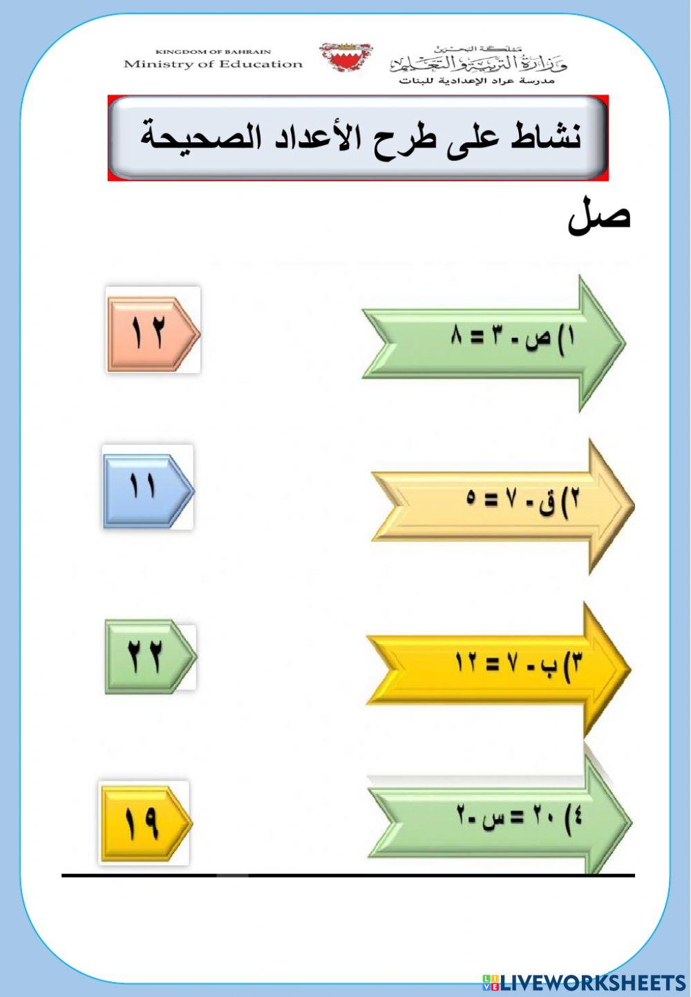 نشاط على طرح الأعداد الصحيحة