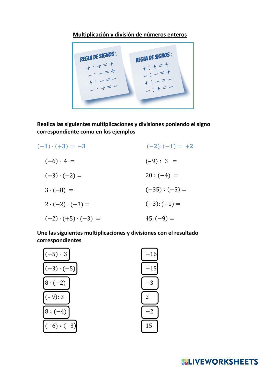 Multiplicación y división de números enteros
