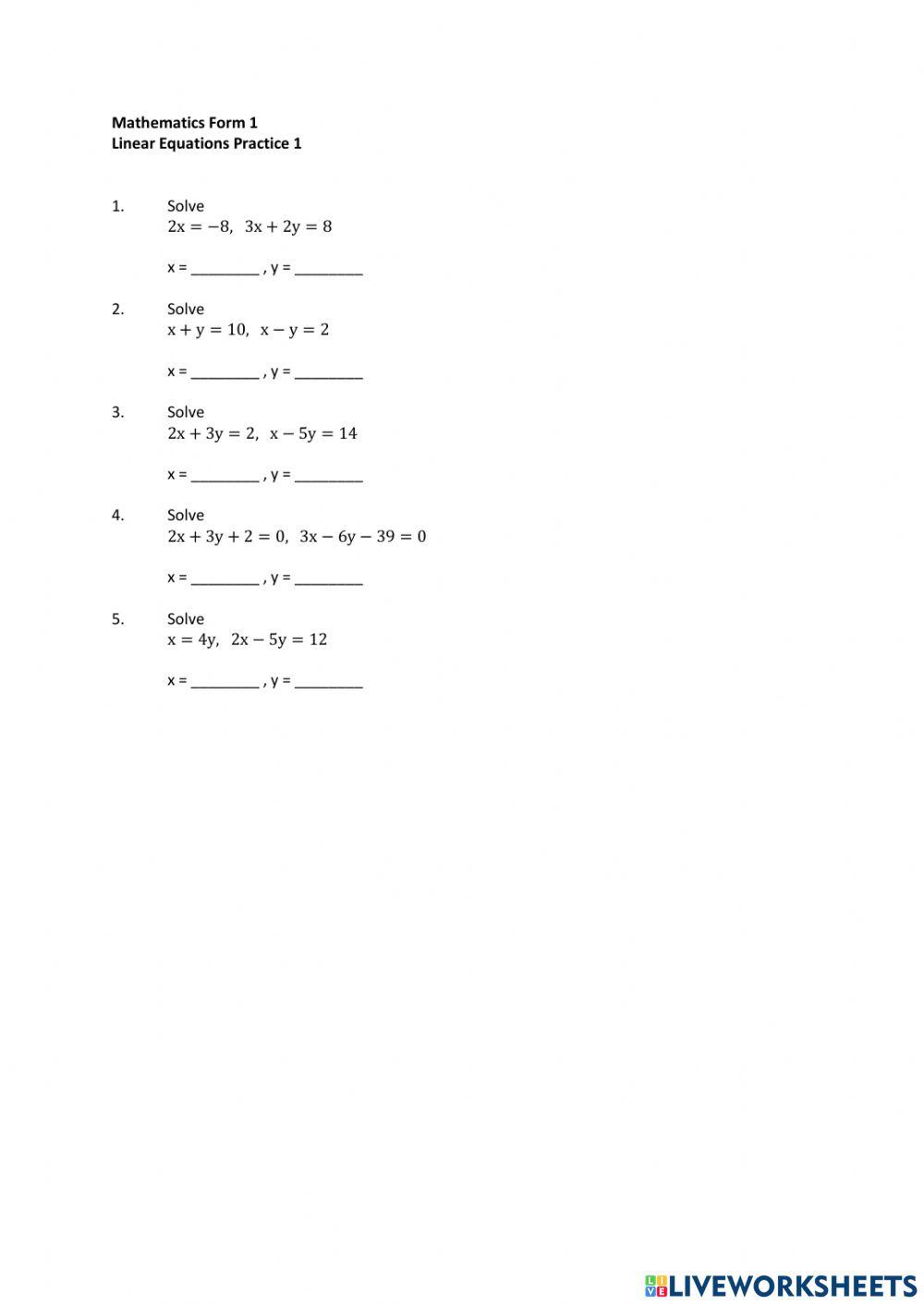 Linear equations 1 worksheet | Live Worksheets