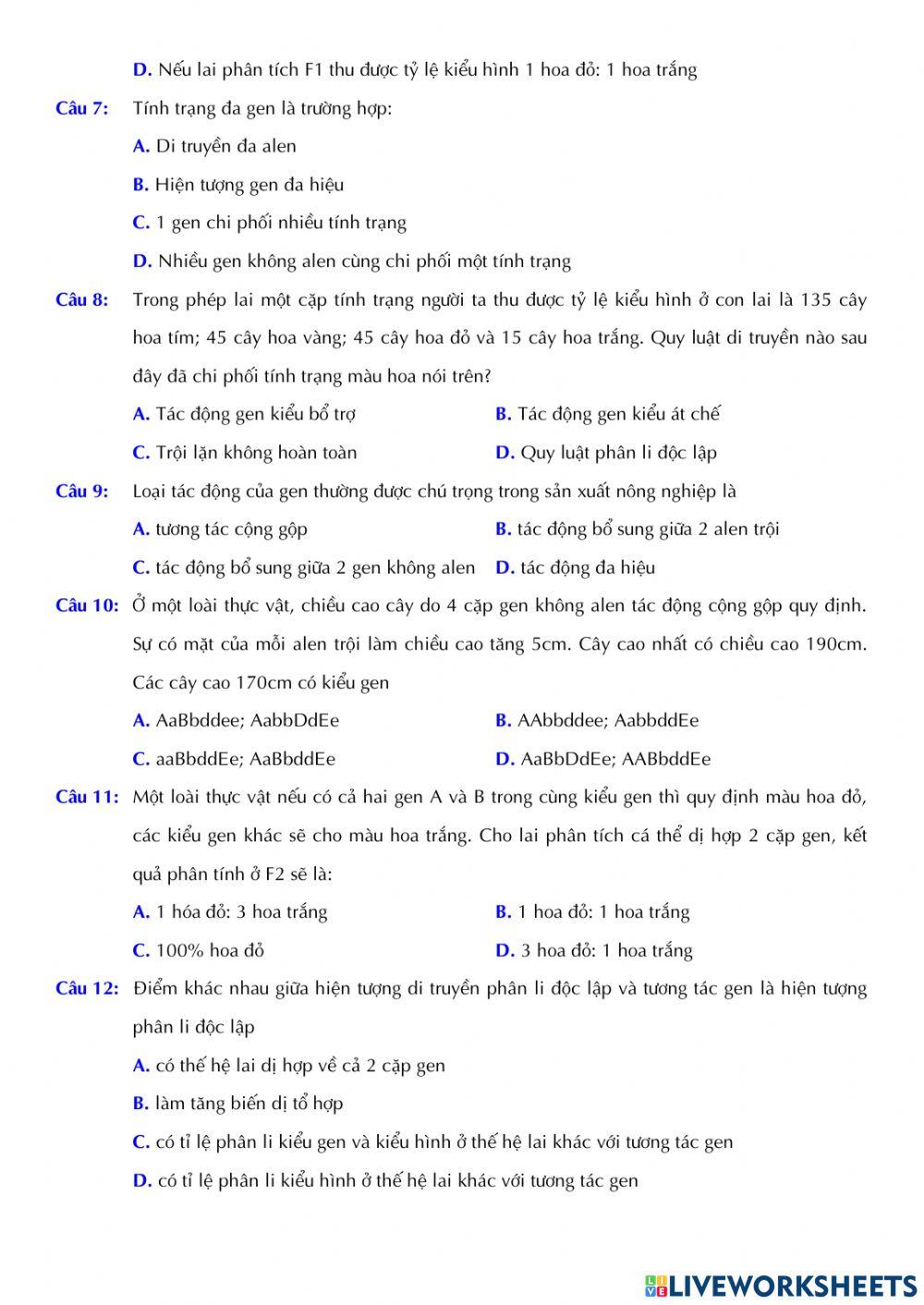 Sinh 12 - Bài 10. Tương tác gen và tác động đa hiệu của gen
