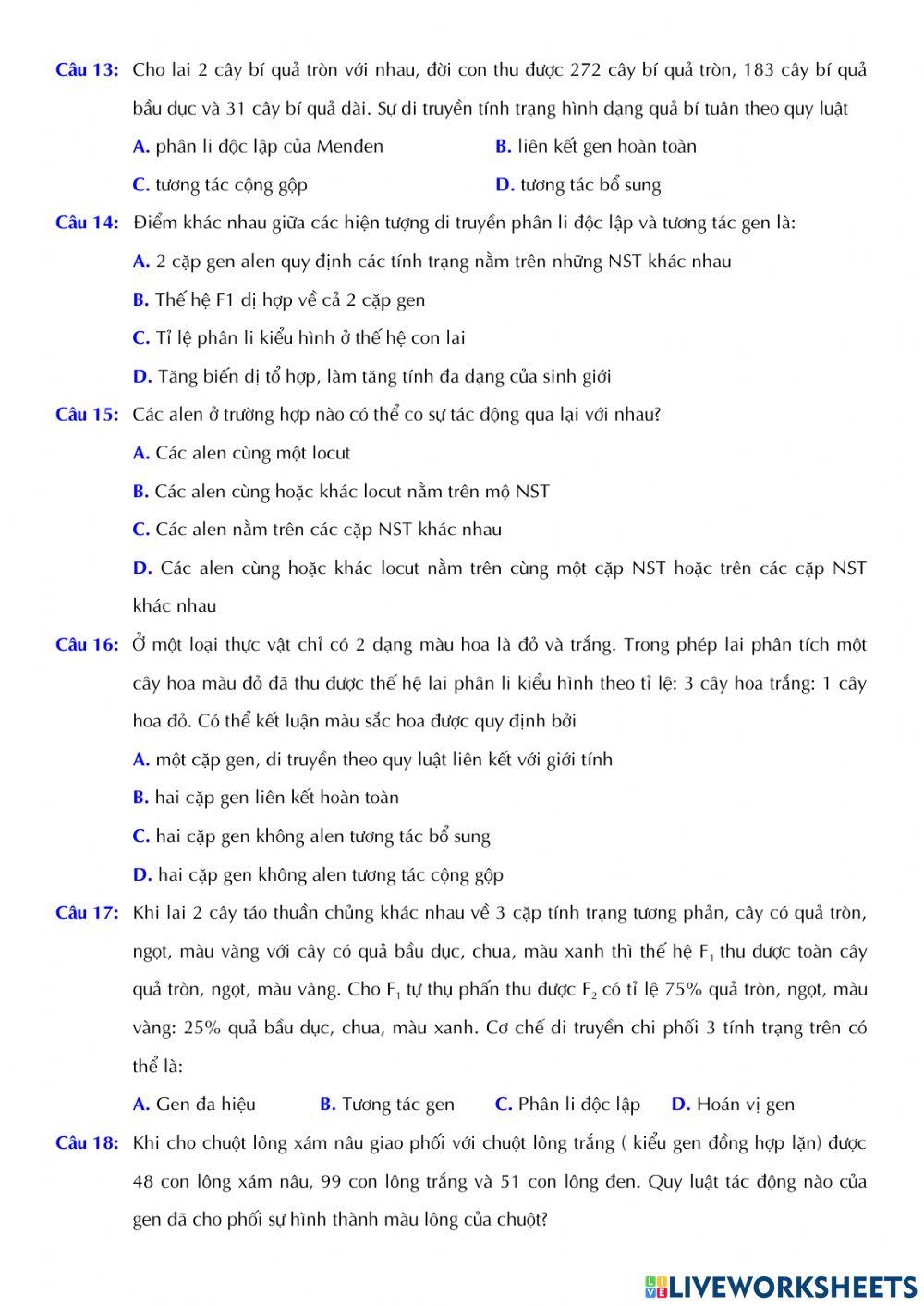 Sinh 12 - Bài 10. Tương tác gen và tác động đa hiệu của gen