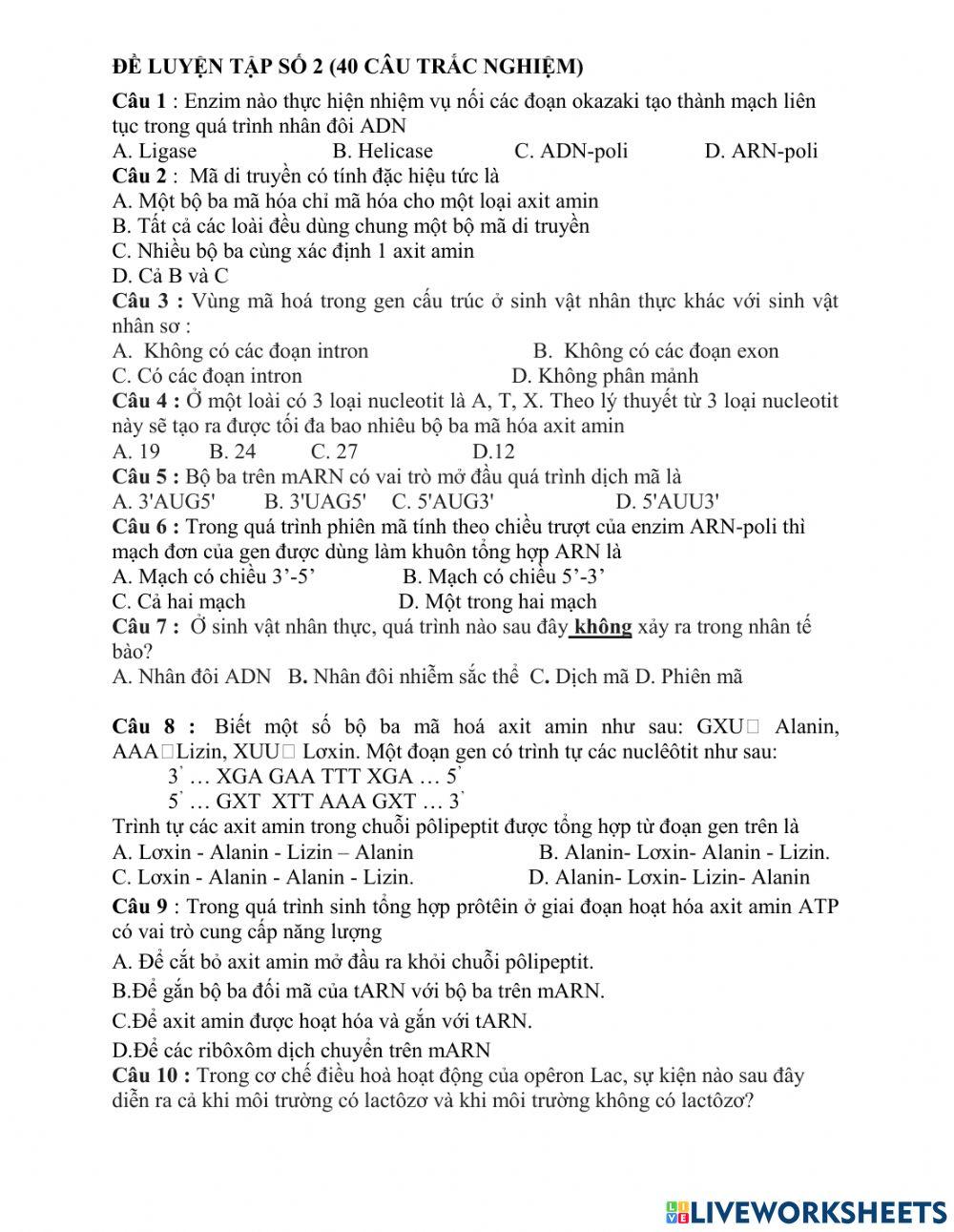 Đề luyện tập sinh học 12