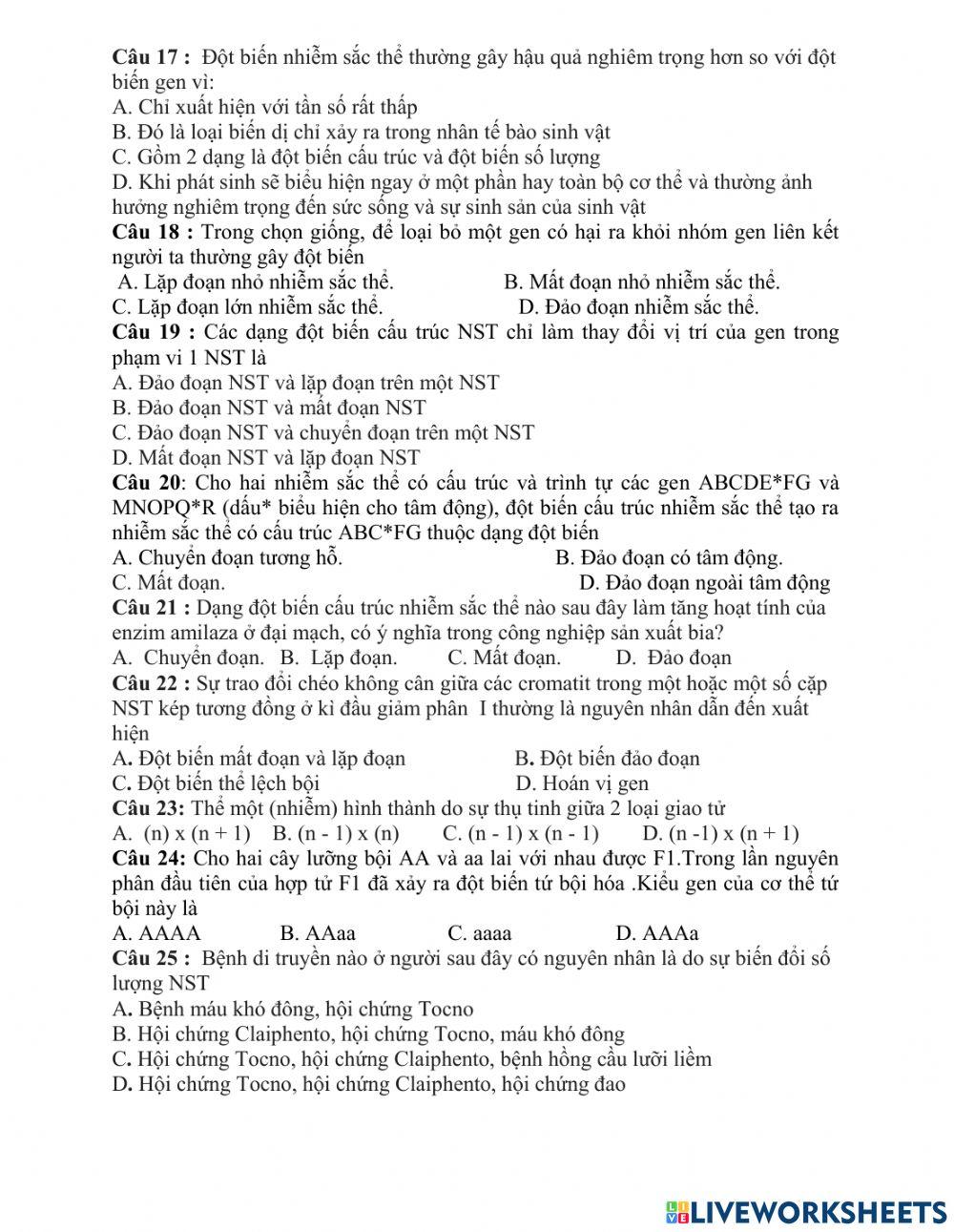 Đề luyện tập sinh học 12