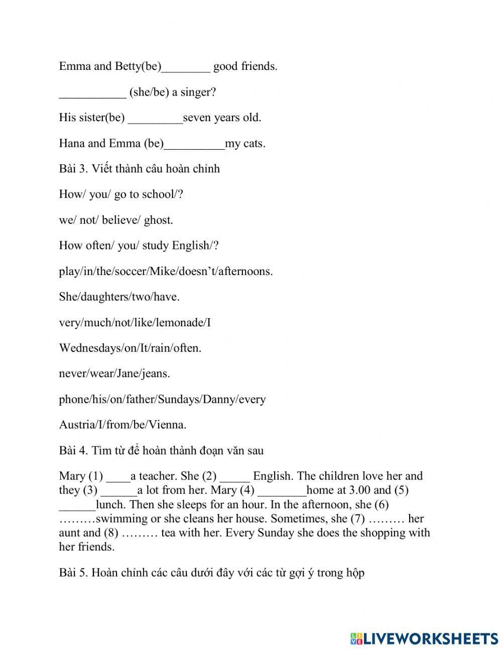 Đề kiểm tra thì hiện tại đơn