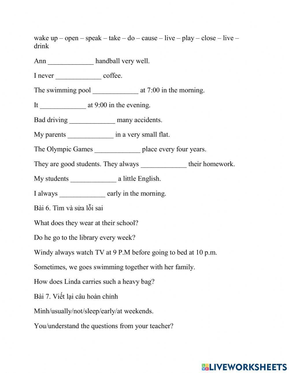 Đề kiểm tra thì hiện tại đơn