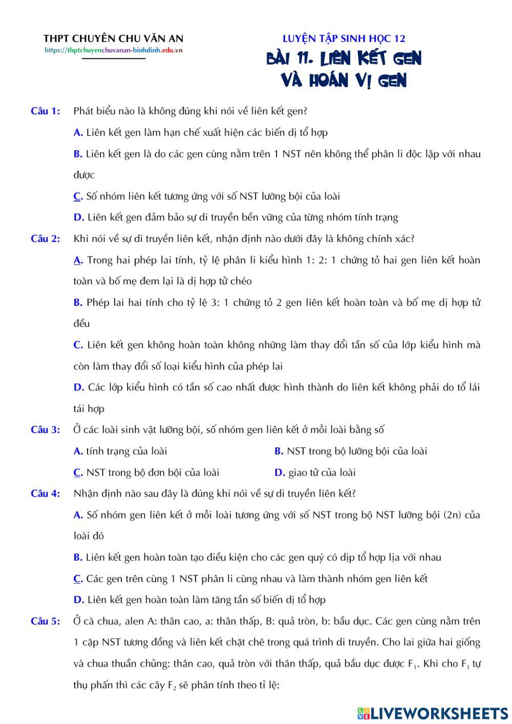 Sinh 12 - Bài 11. Liên kết gen và hoán vị gen