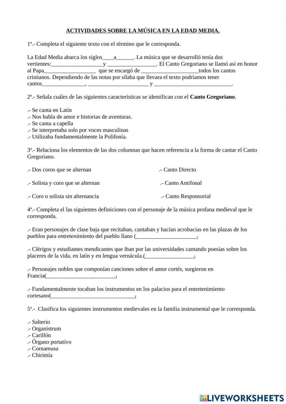 Actividad sobre la música en la Edad Media