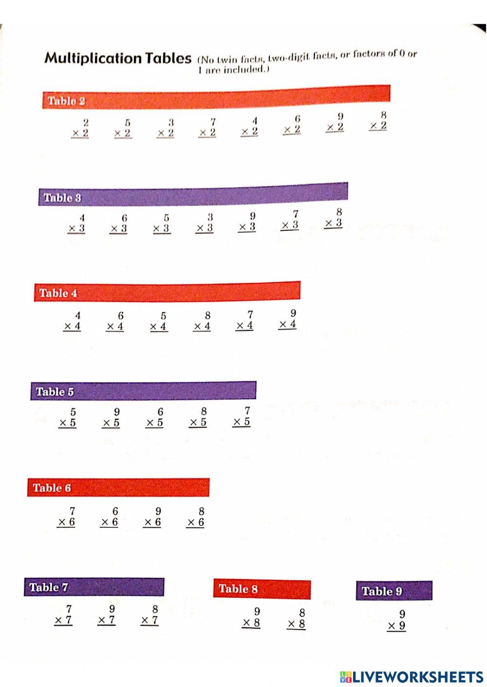 Multiplication facts 2-9 worksheet | Live Worksheets