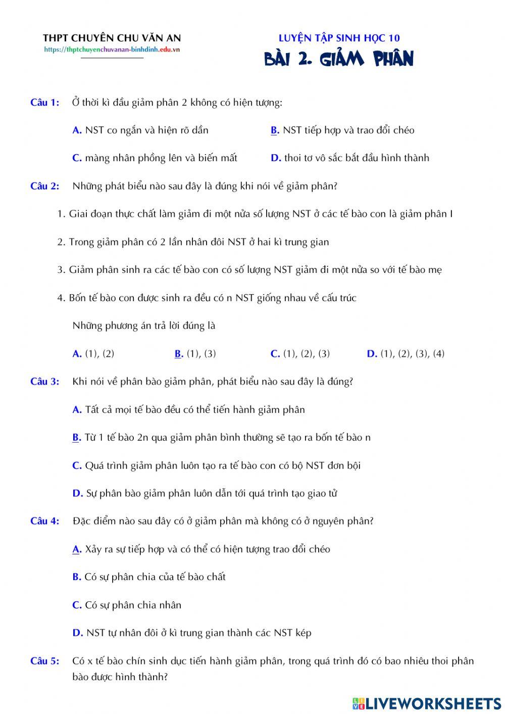 Sinh 10 - Bài 2. Giảm phân