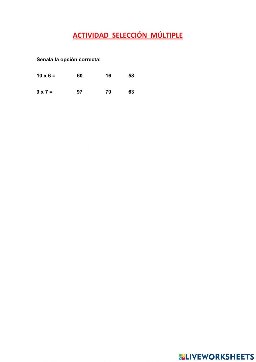 Ficha de selección múltiple: Tablas de multiplicar