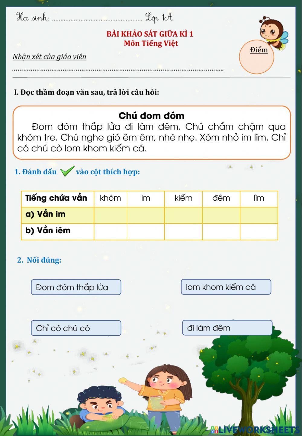 Khảo sát Giữa kì I Môn Tiếng Việt