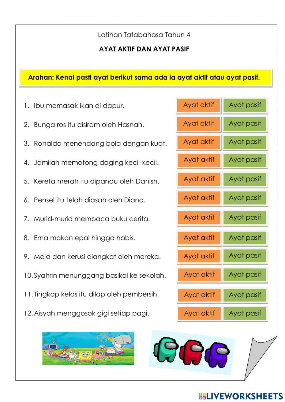 Latihan ayat aktif ayat pasif worksheet bilarasa