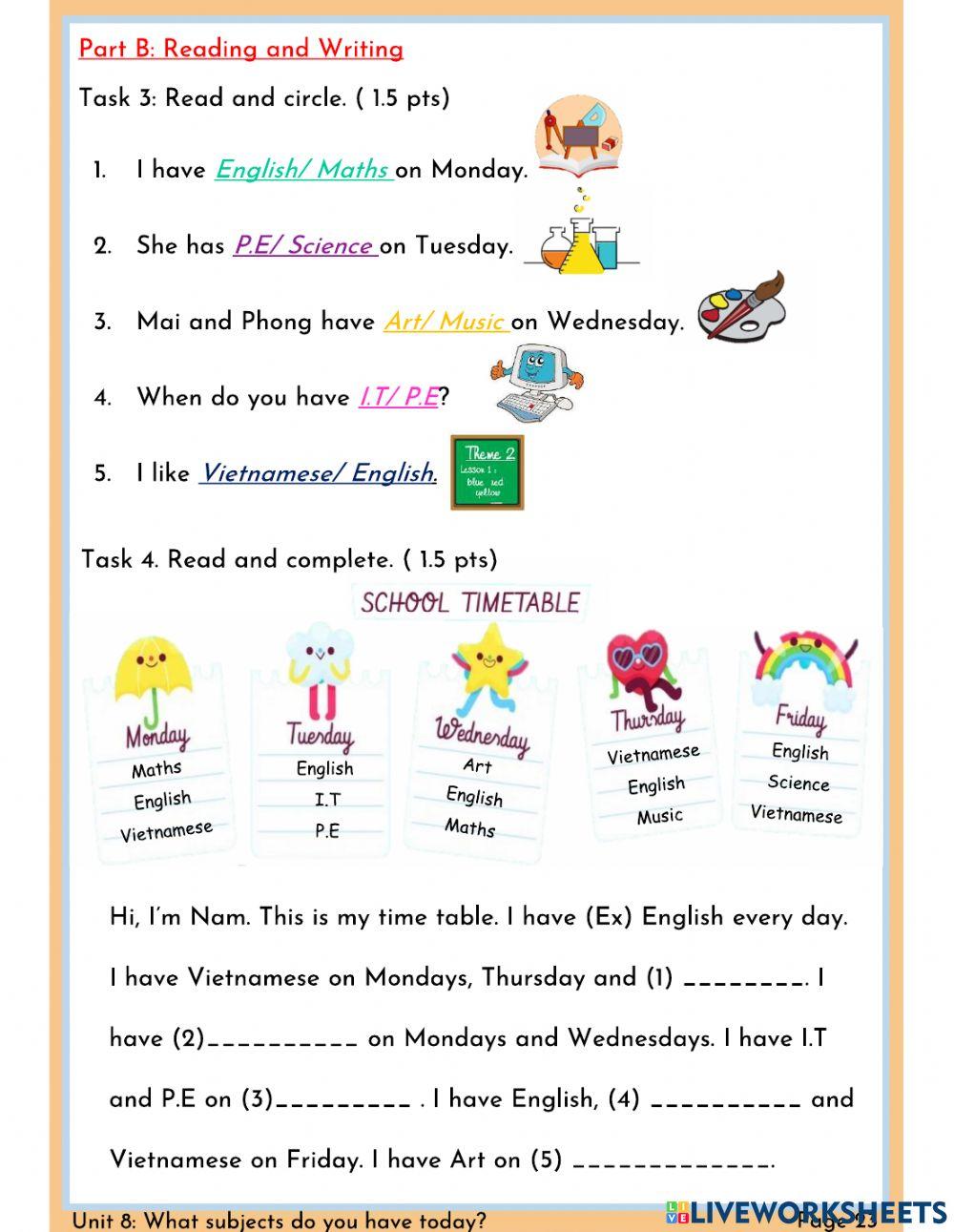 Unit 8. What subjects do you have today?- grade 4